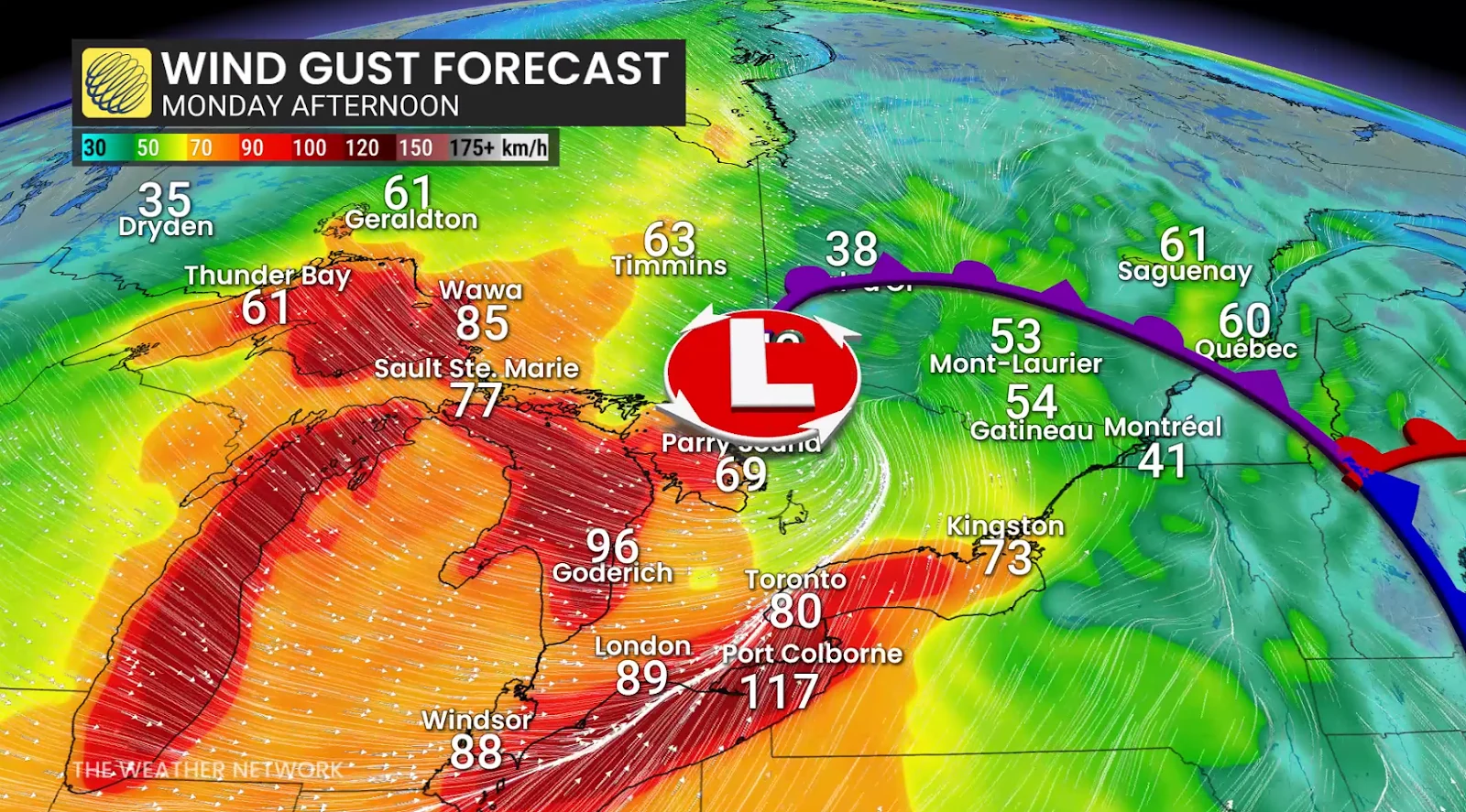 Ontario wind gust forecast Monday afternoon