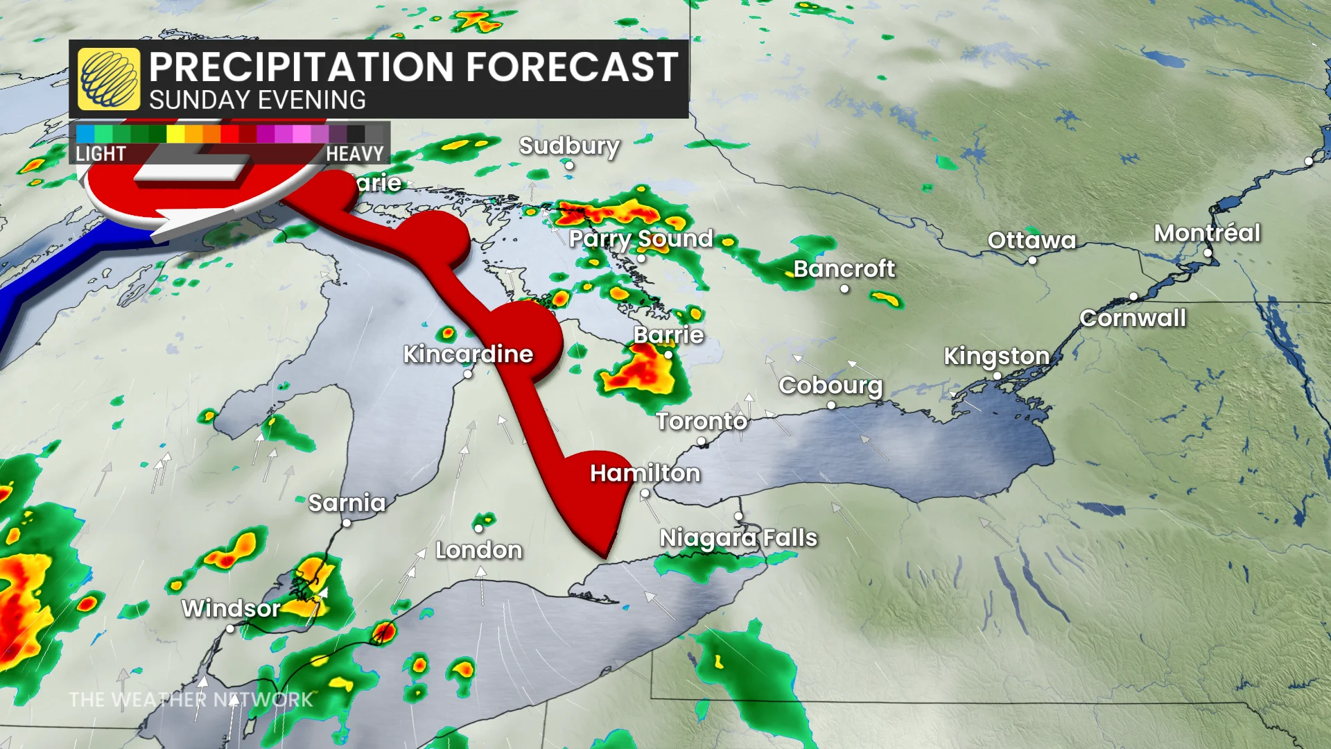 Ontario precipitation timing Sunday evening