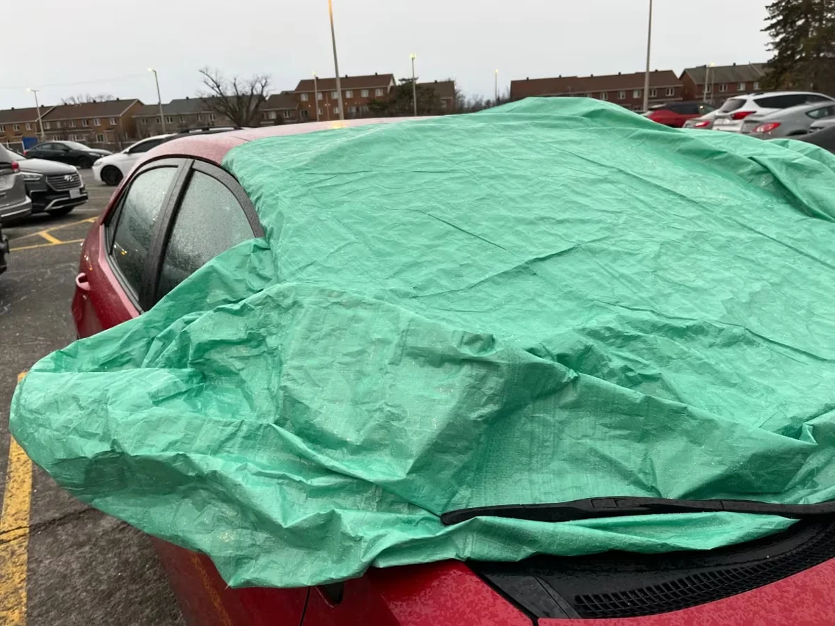 Tarp covers car freezing rain