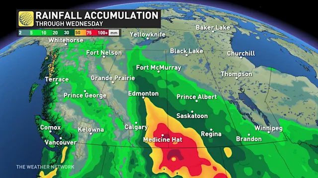 Heavy rain soaks parts of the Prairies, risk of 100 mm by Wednesday ...