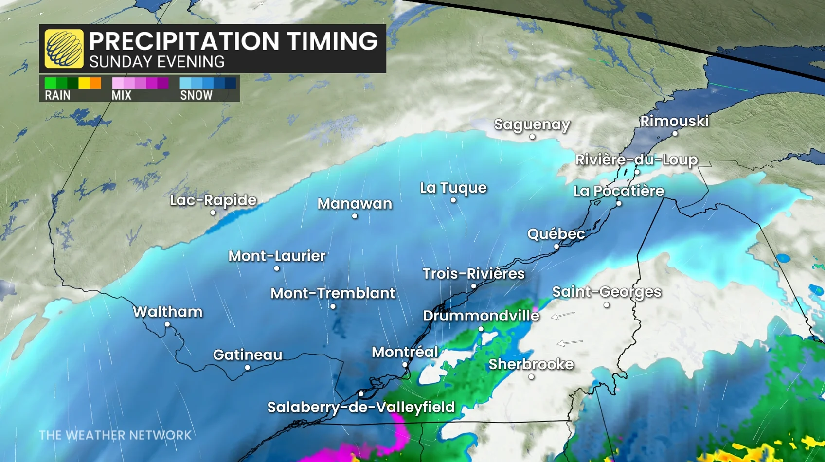 Quebec precipitation timing Sunday