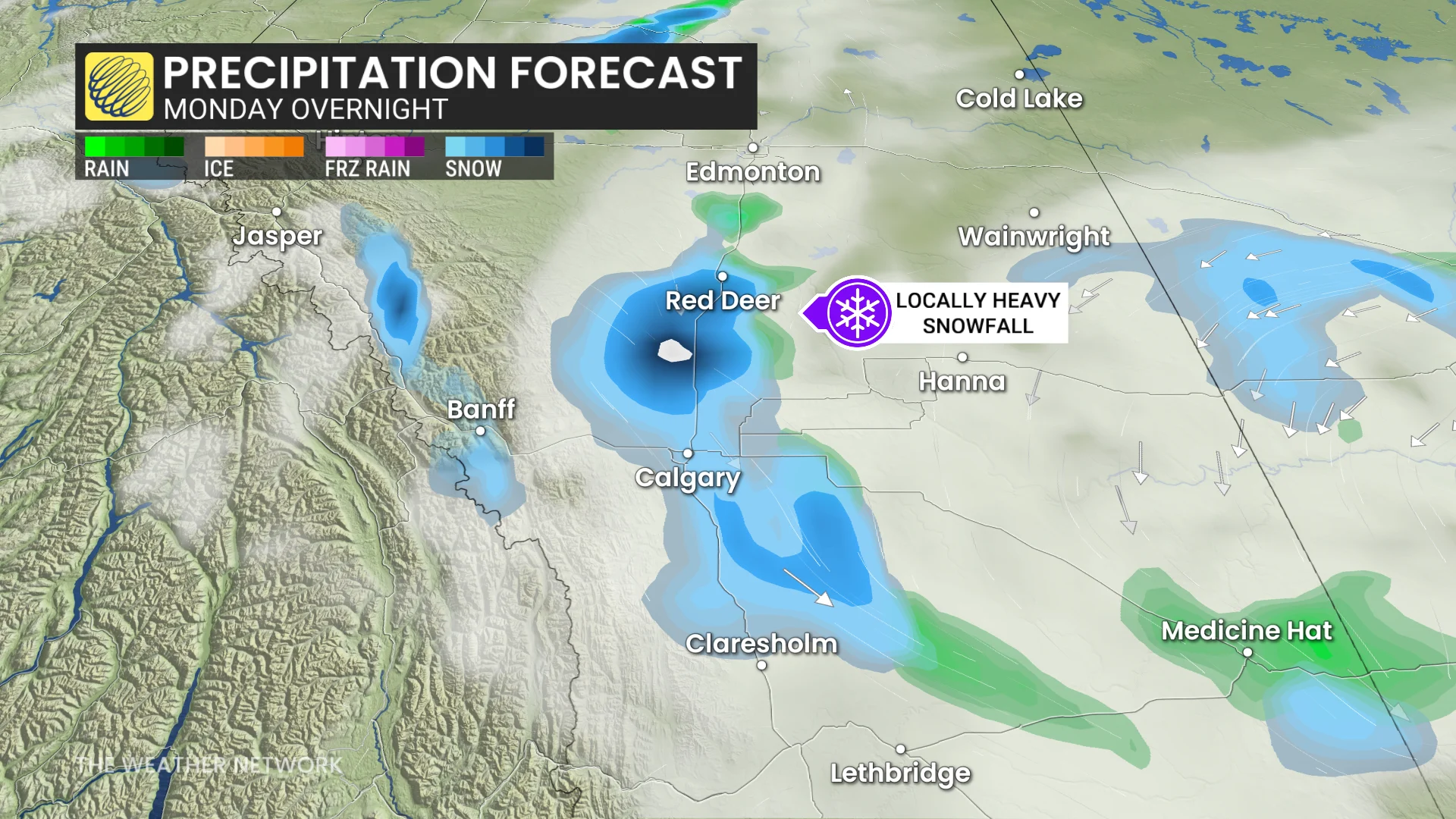 Monday overnight Alberta precipitation timing forecast