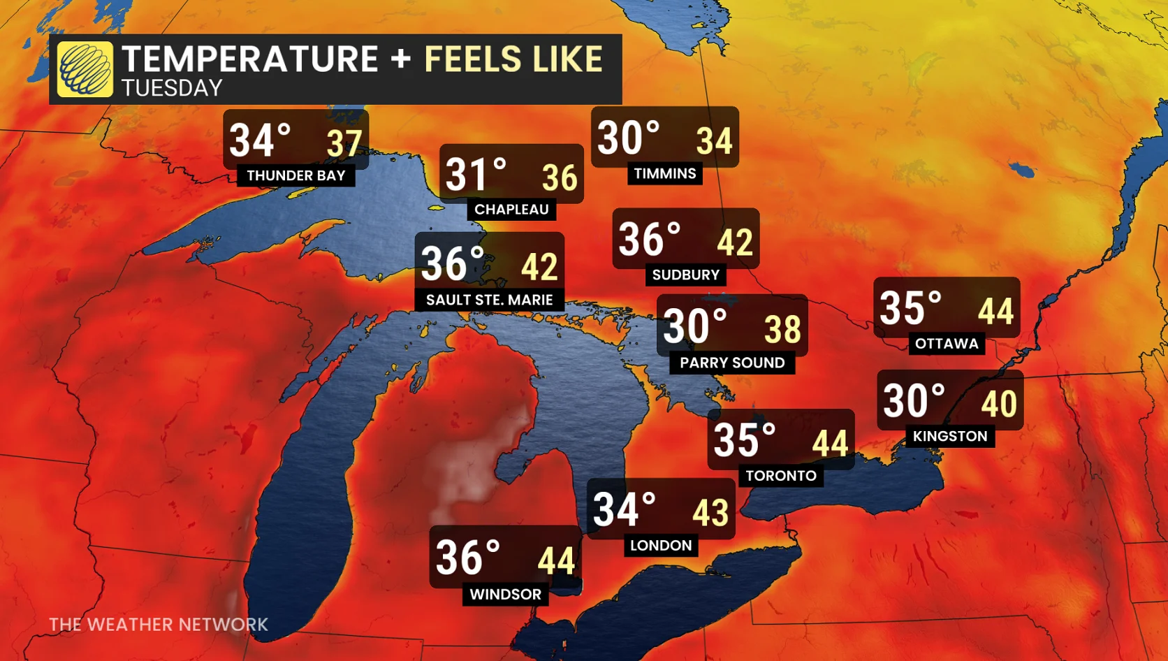 Ontario Tuesday forecast temperatures and humidex - July 12, 2026