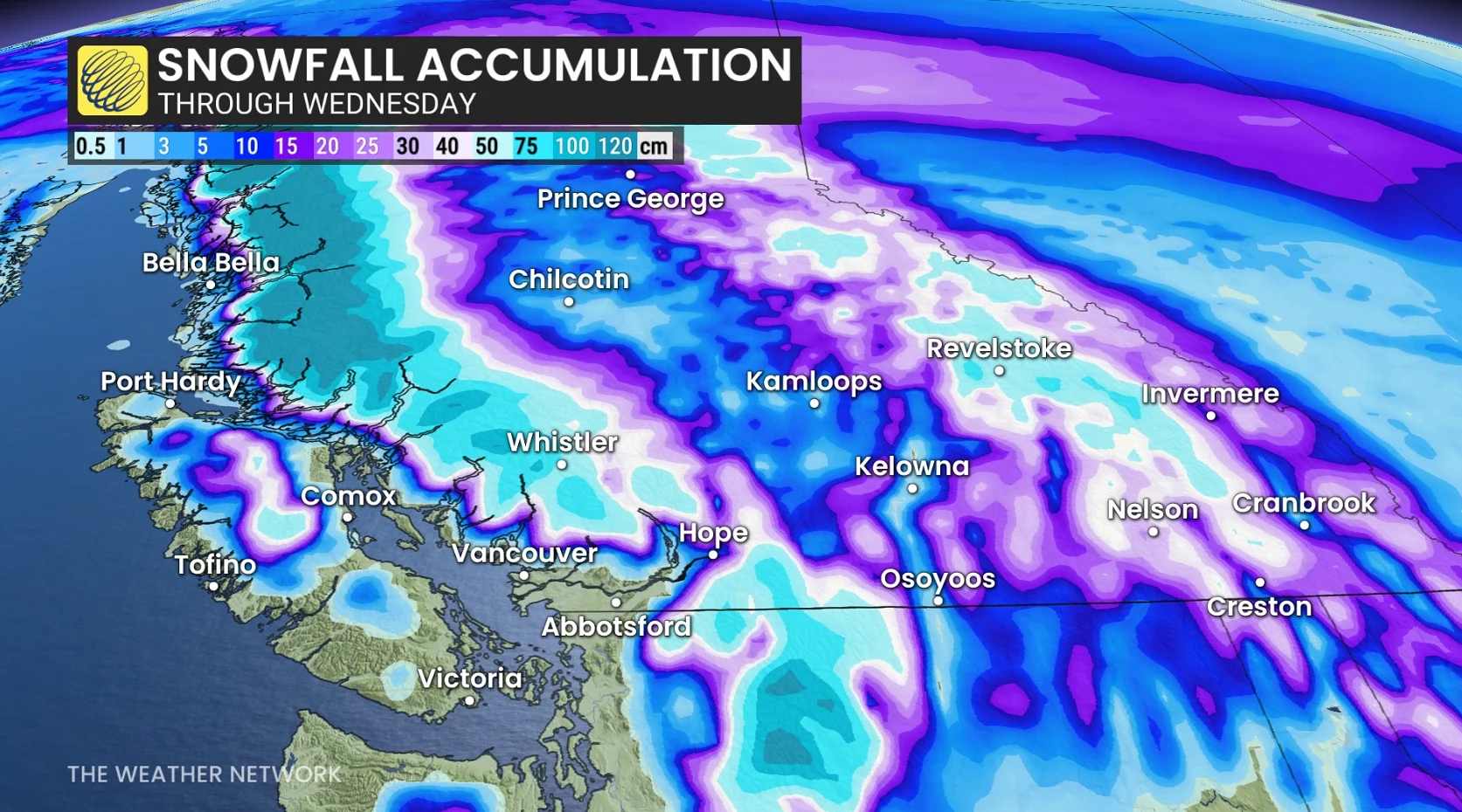 B.C. alpine snowfall through Wednesday