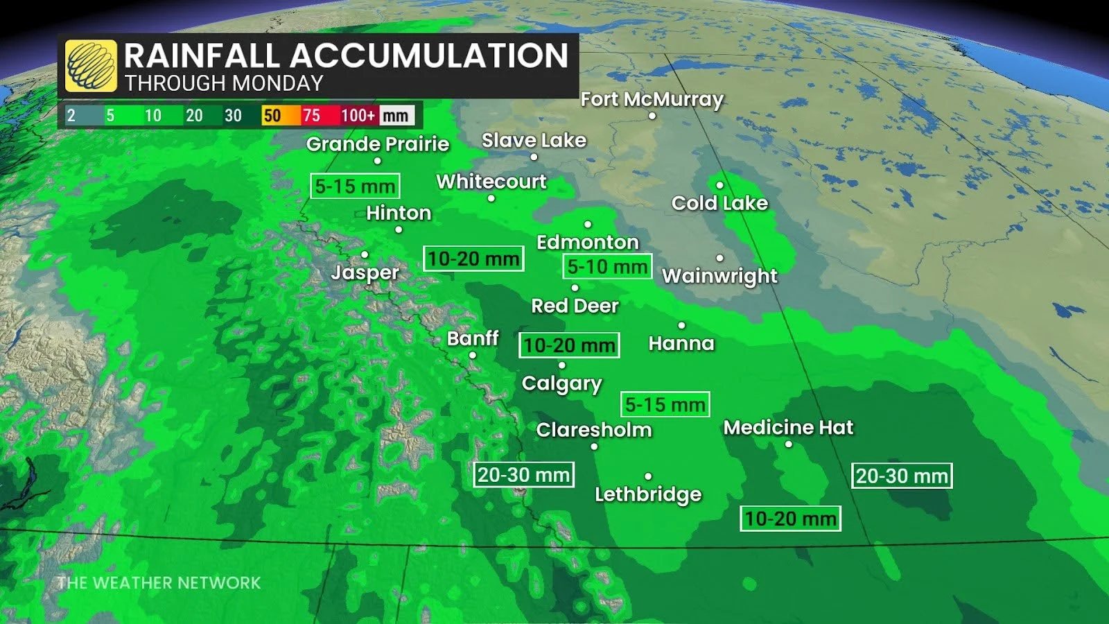 Alberta rainfall outlook through Monday