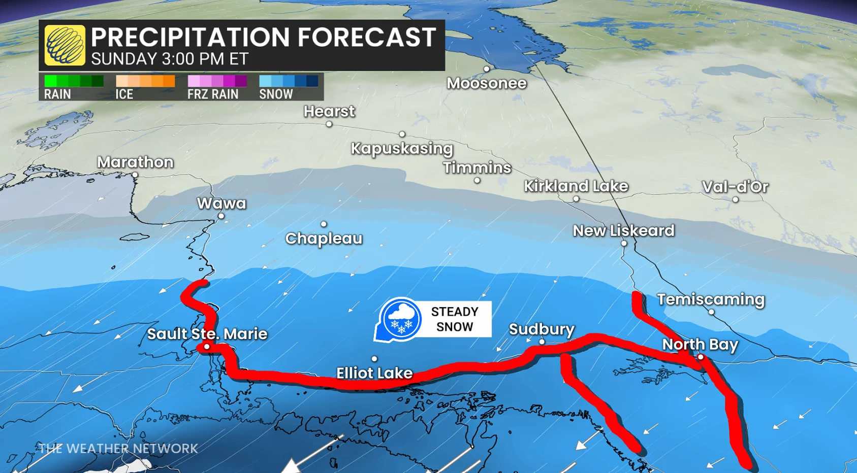 Northern Ontario precipitation timing Sunday afternoon