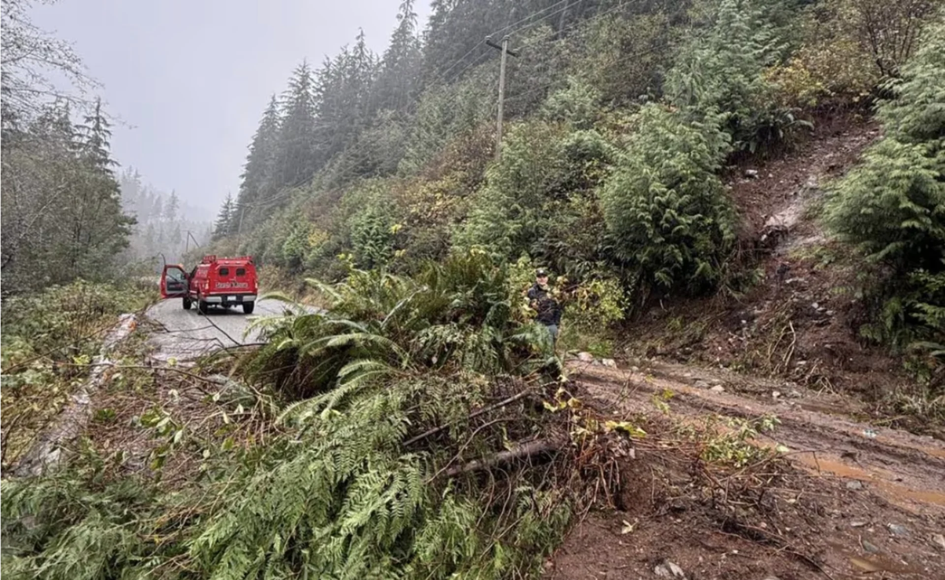 CBC: The aftermath of a road washout near Bamfield, B.C., where two motorists went missing and were later found dead. (Alberni Valley Rescue Squad/Facebook)