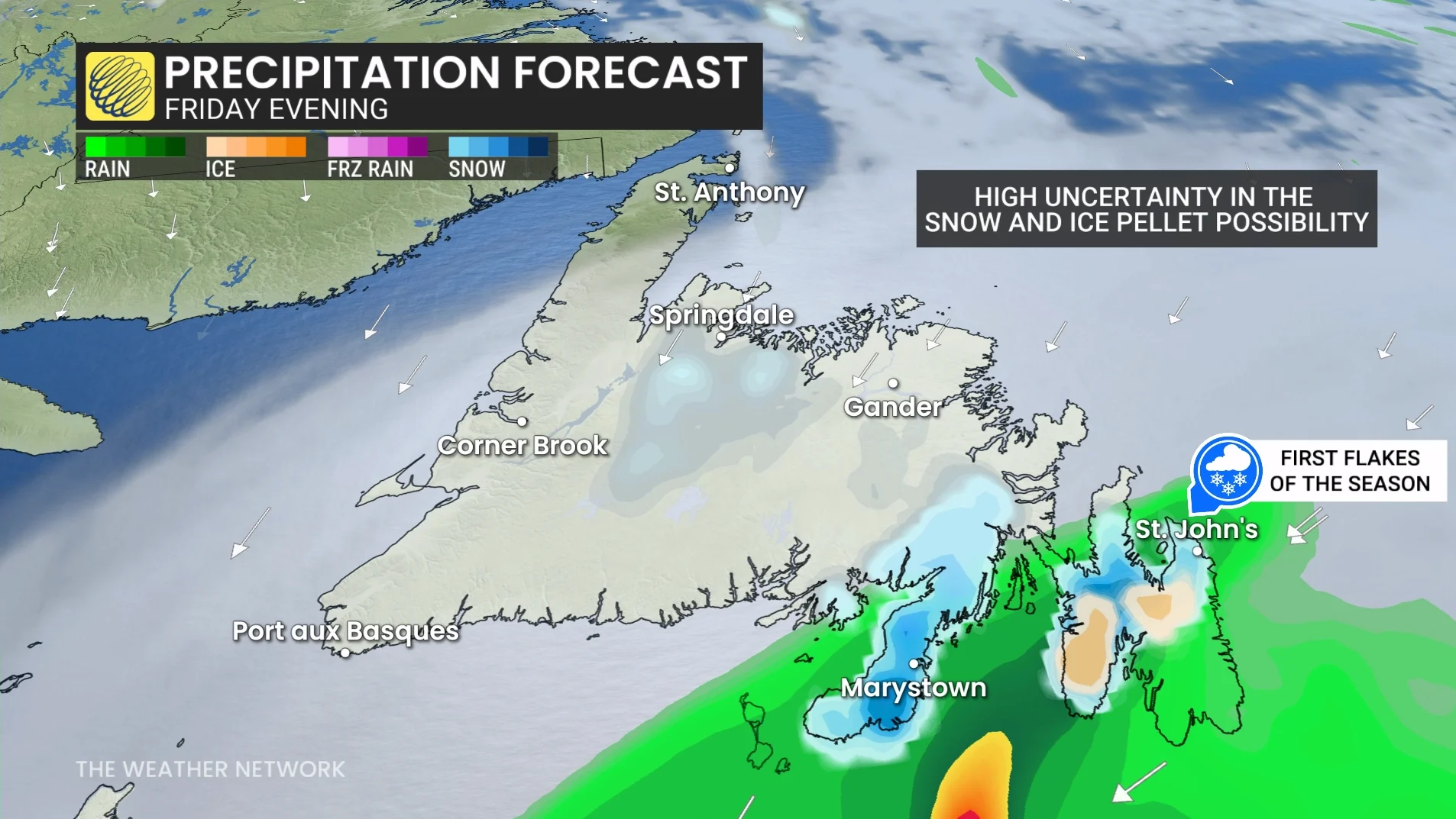 Newfoundland Friday evening forecast nor-easter snow and rain V2 - Oct. 21, 2026