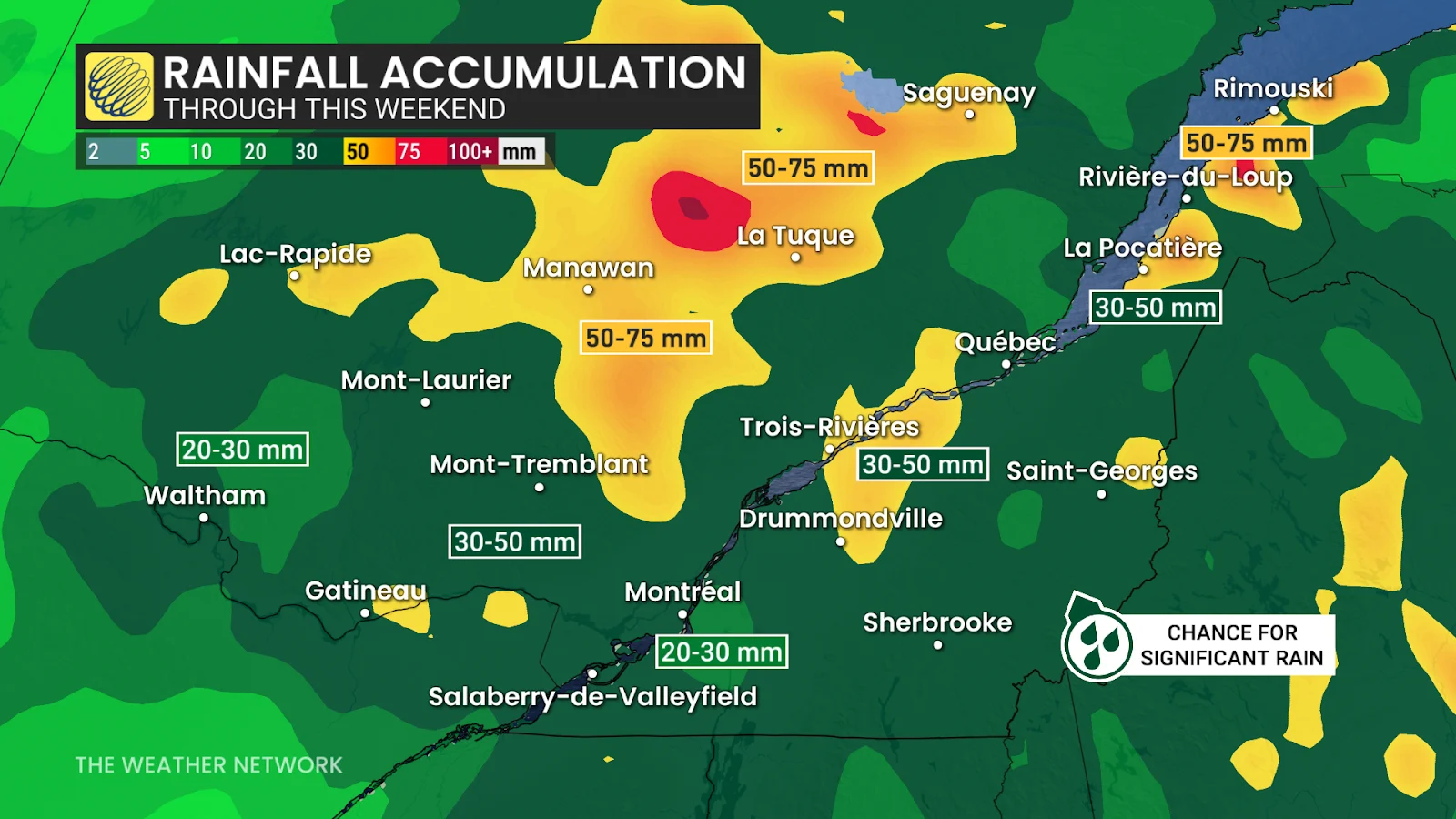 Southern Quebec long weekend rainfall totals - May 16, 2025