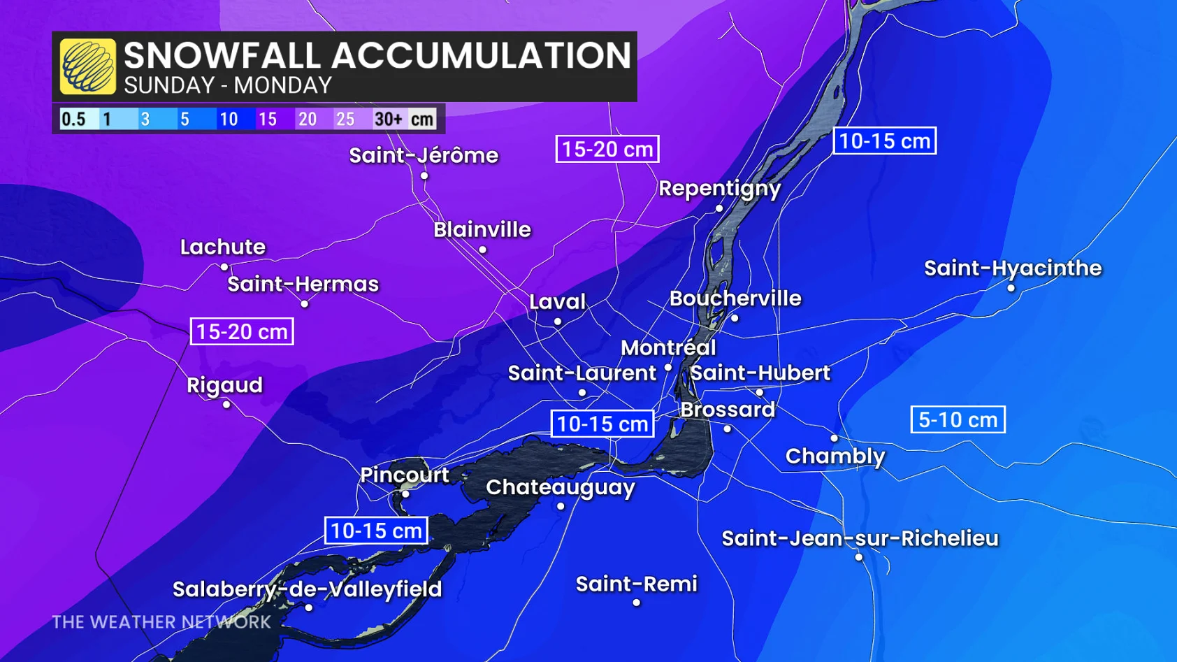 Zoomed-in Quebec snowfall accumulation Sunday to Monday