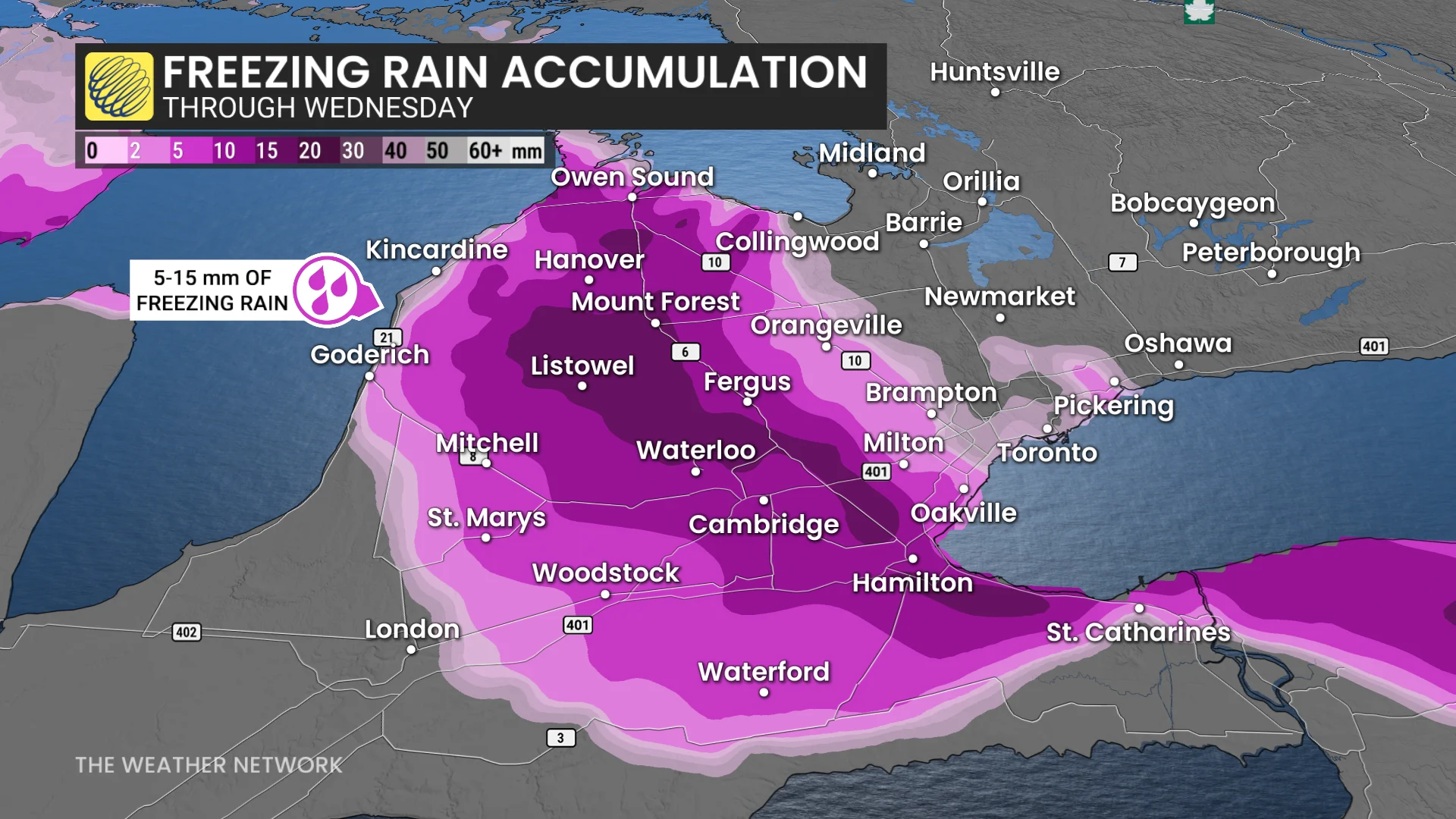 Ontario freezing rain accumulation through Wednesday