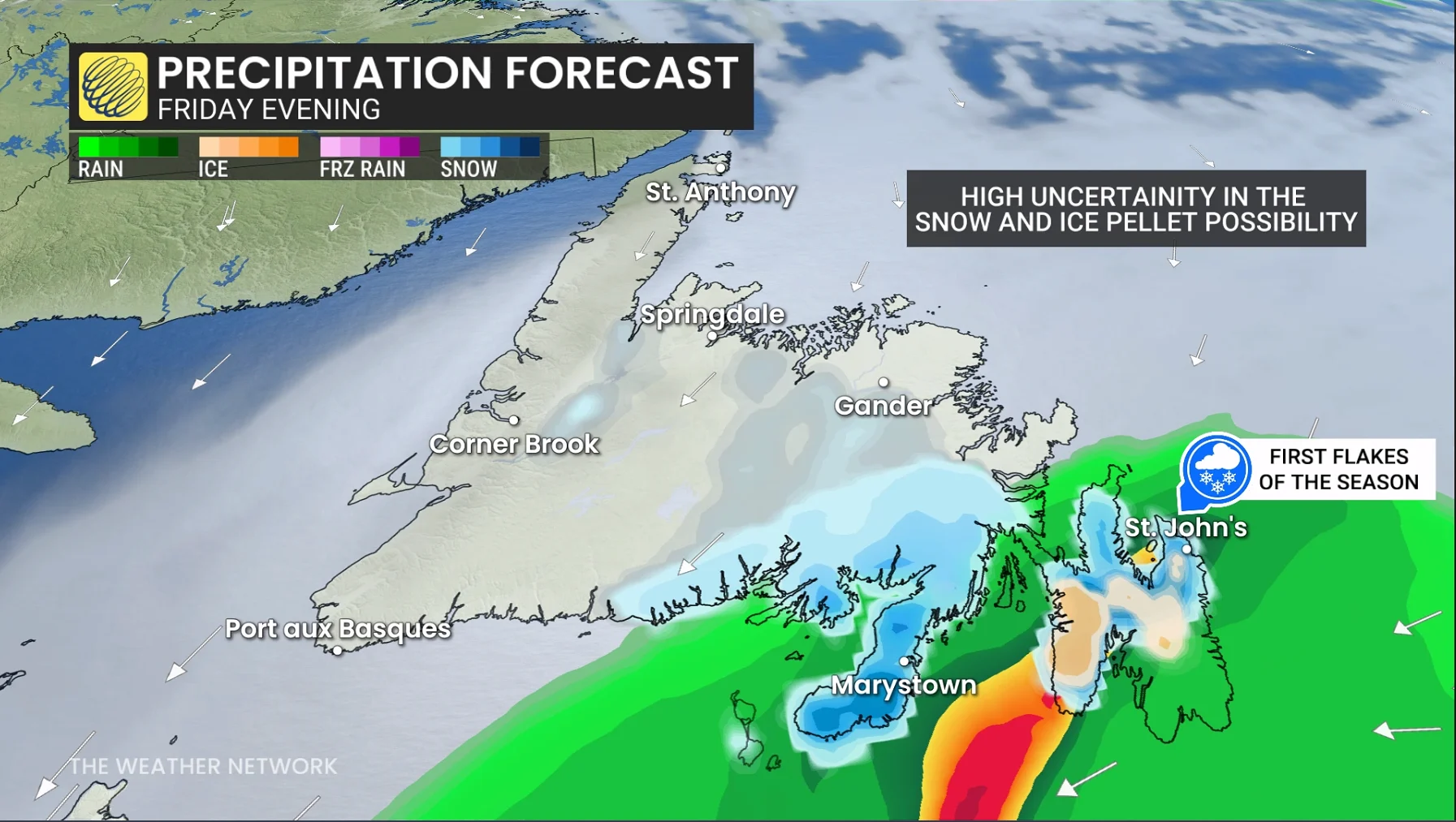 Newfoundland Friday evening forecast nor'easter snow and rain - Oct. 21, 2026