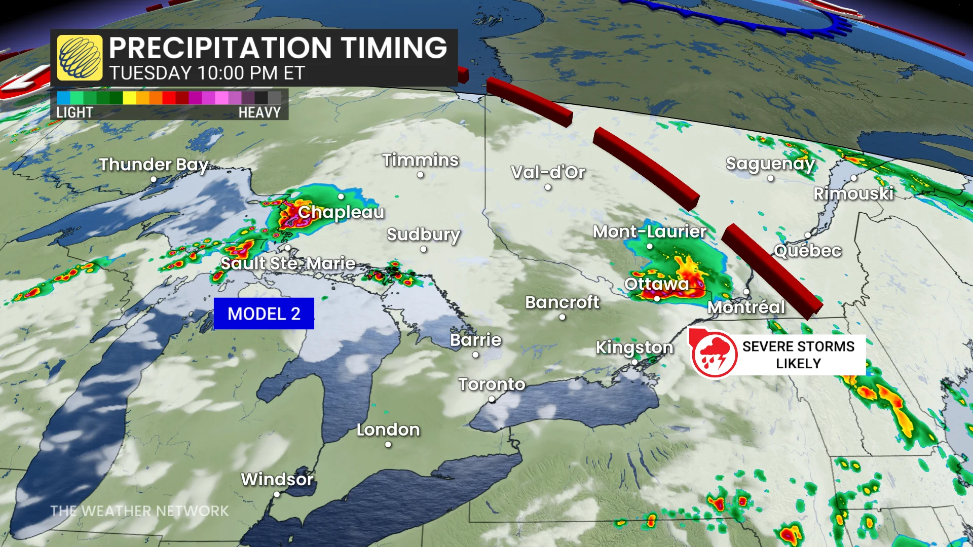 Ontario and Quebec Tuesday night forecast thunderstorms model 2 - June 30, 2026