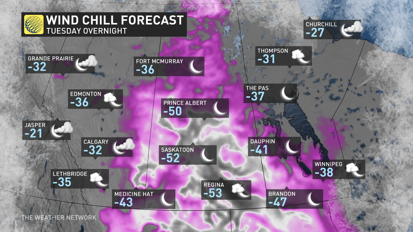 Prairies Tuesday overnight conditions and wind chills - Feb. 18, 2025