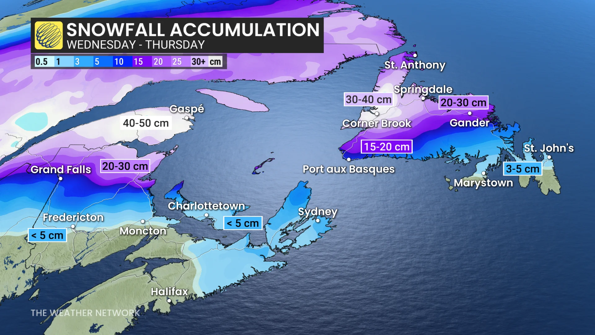 Atlantic Canada forecast snow totals through Thursday - March 10, 2026