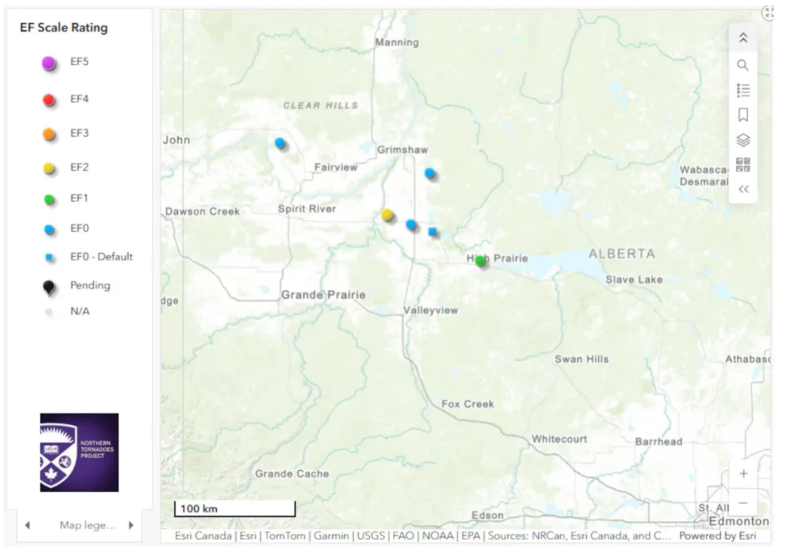 CBC - Regional map showing locations and ratings for Alberta tornadoes - June 2026 -NTP