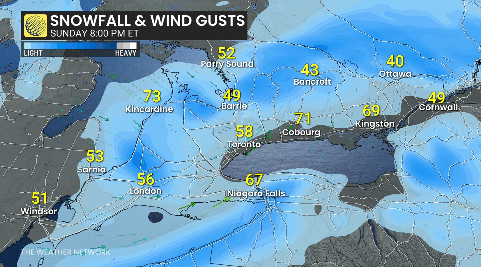 Snowfall and wind gusts Ontario Sunday evening