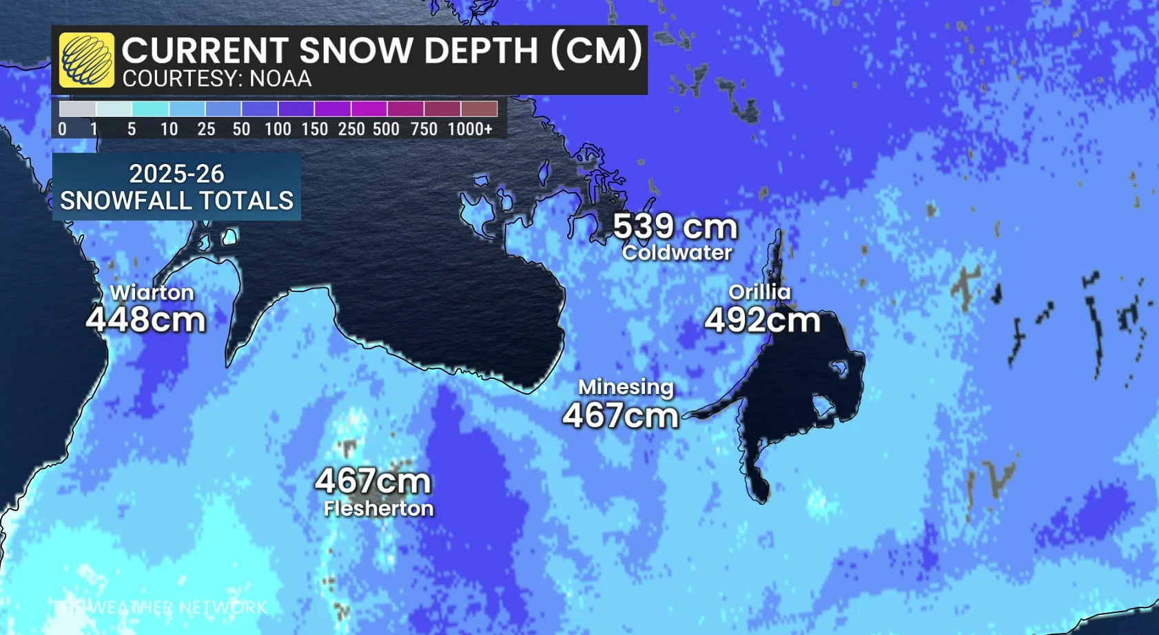 Lake Huron-Georgian Bay communities 2025-26 snow depth