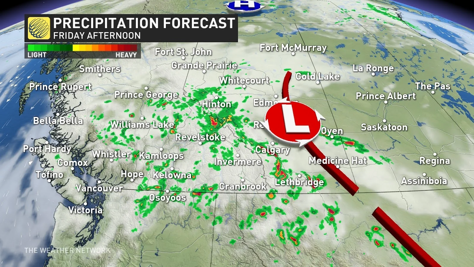 BC AB Friday PM precipitation forecast Aug 16 2024