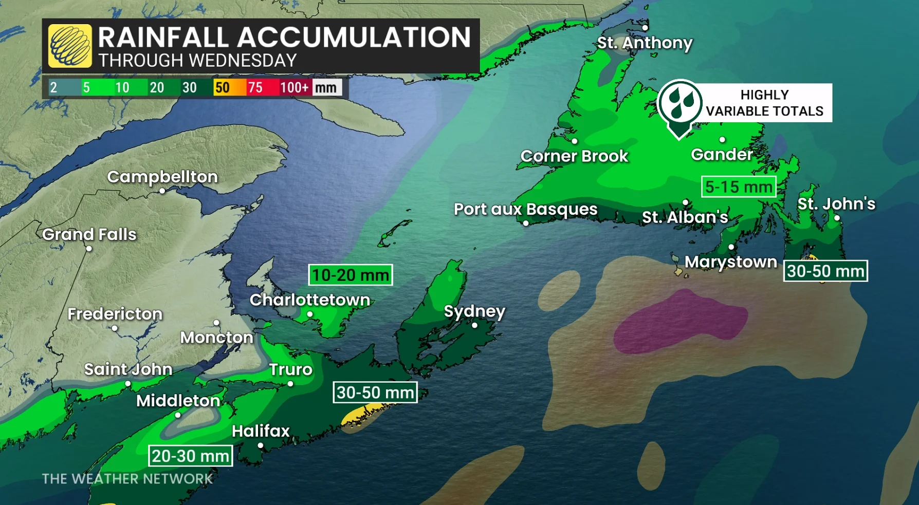 Atlantic Canada rainfall through Wednesday