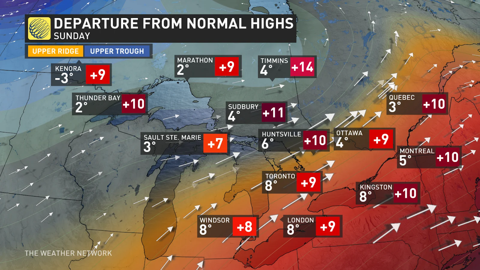 Ontario temperature differences Sunday