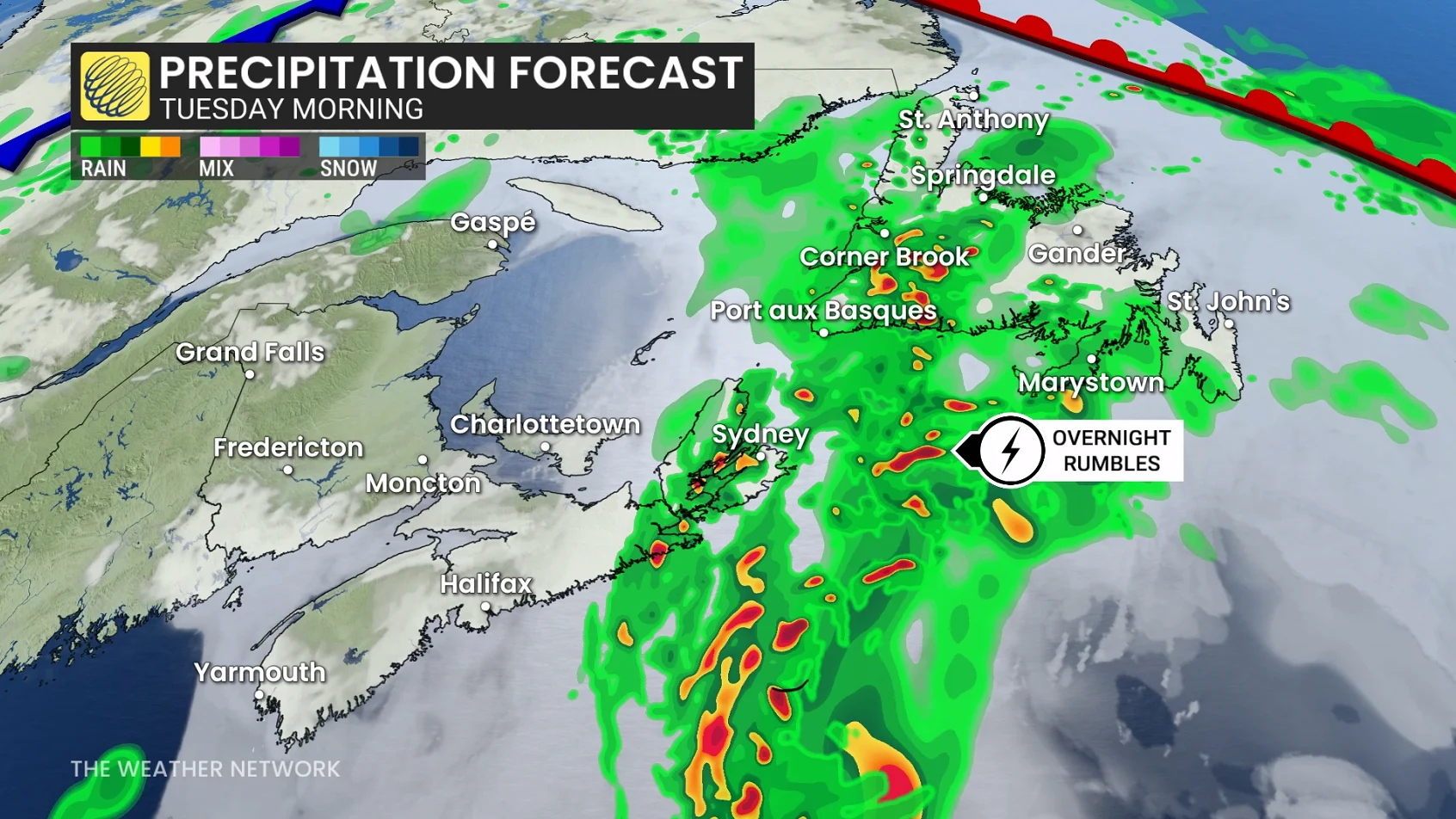 Atlantic Canada precipitation timing Tuesday morning