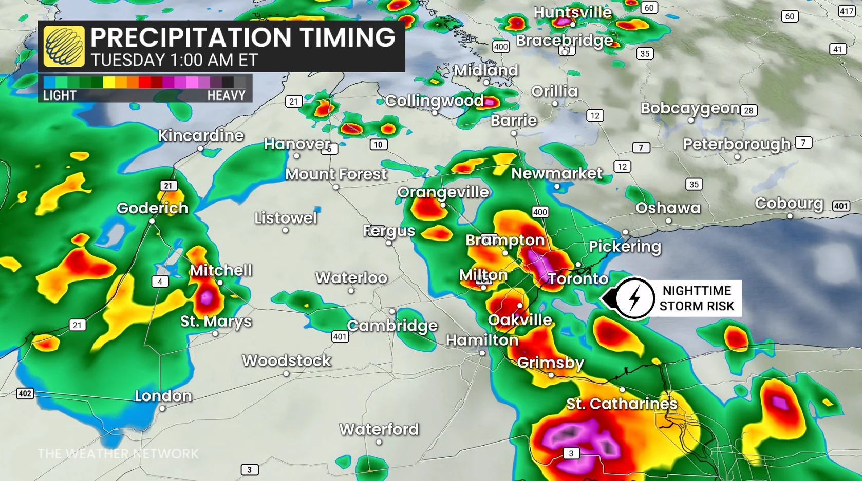 Ontario precipitation timing early Tuesday morning