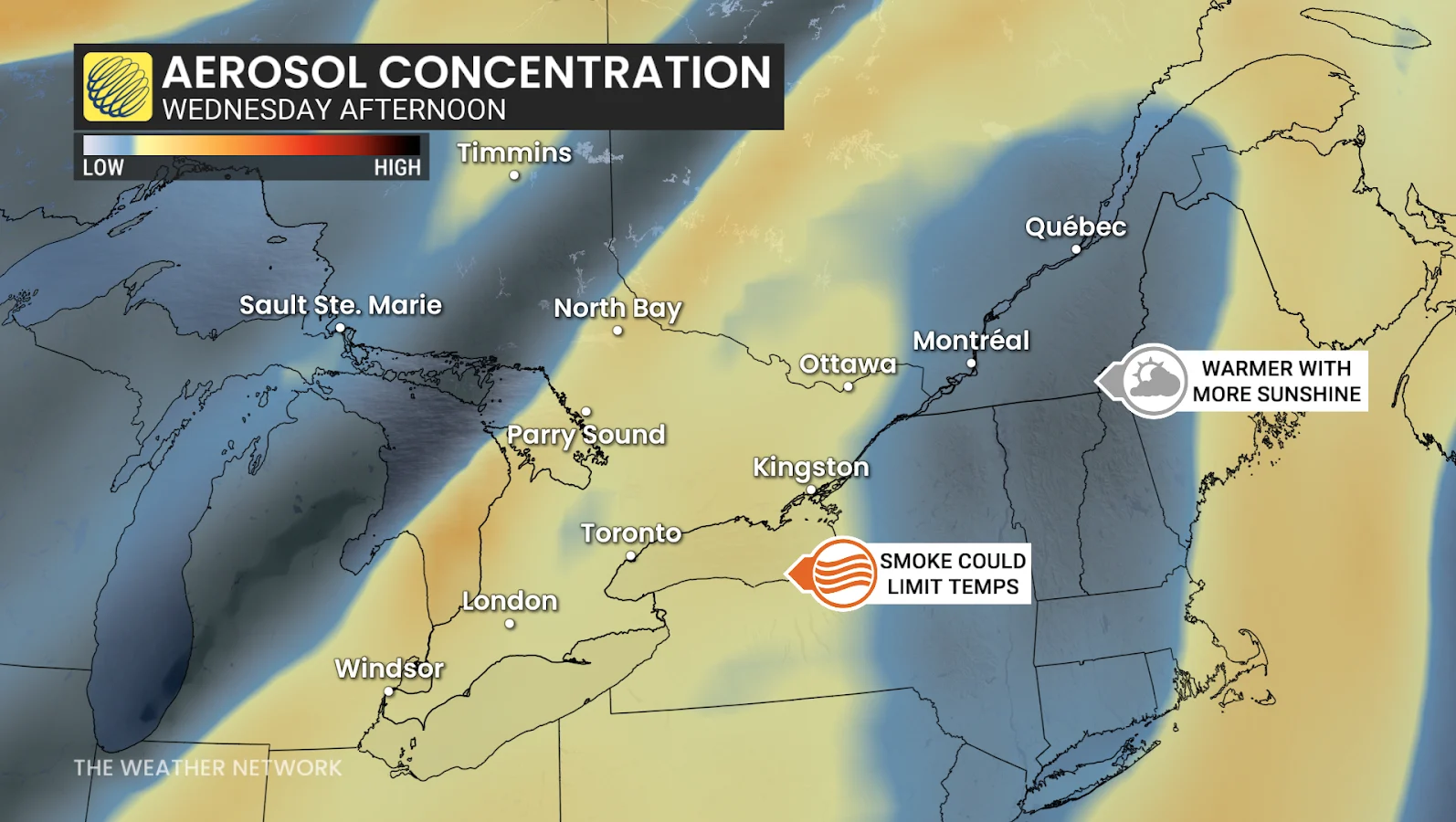 Aerosol Concentration, Ontario, Quebec, Canada, Hot, Summer, June 2, 2025. (The Weather Network/Rachel Modestino)