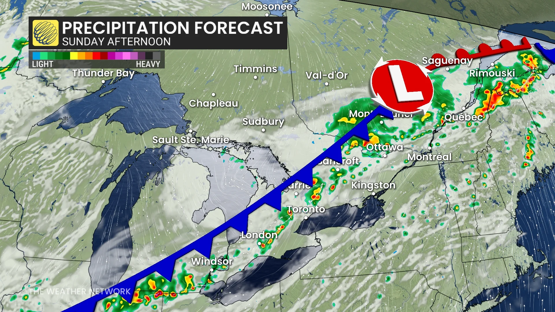 Ontario precipitation timing Sunday afternoon