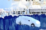 Frozen ship delivers ice-covered cars to Russia port in frigid cold