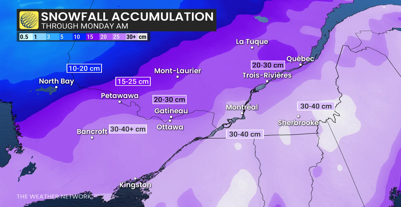 Southern Quebec Snowfall Through Monday AM