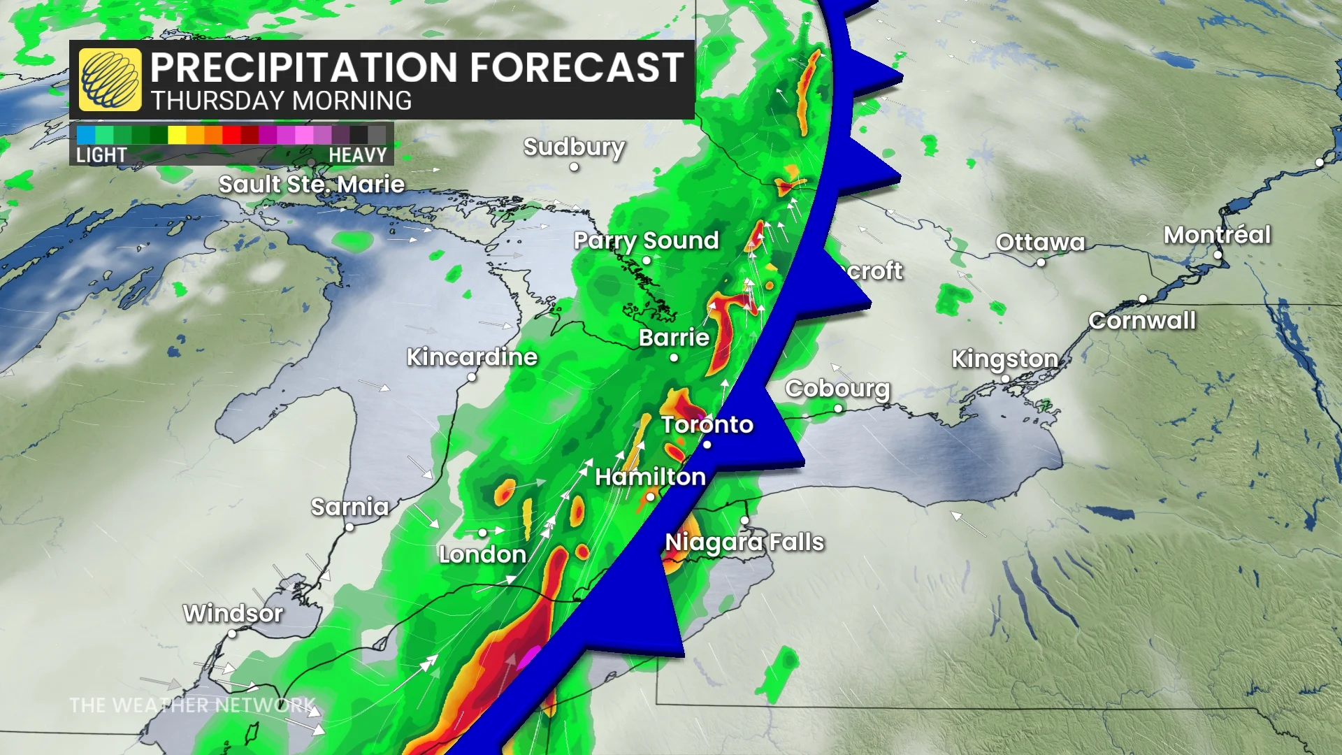 Ontario precipitation timing Thursday morning