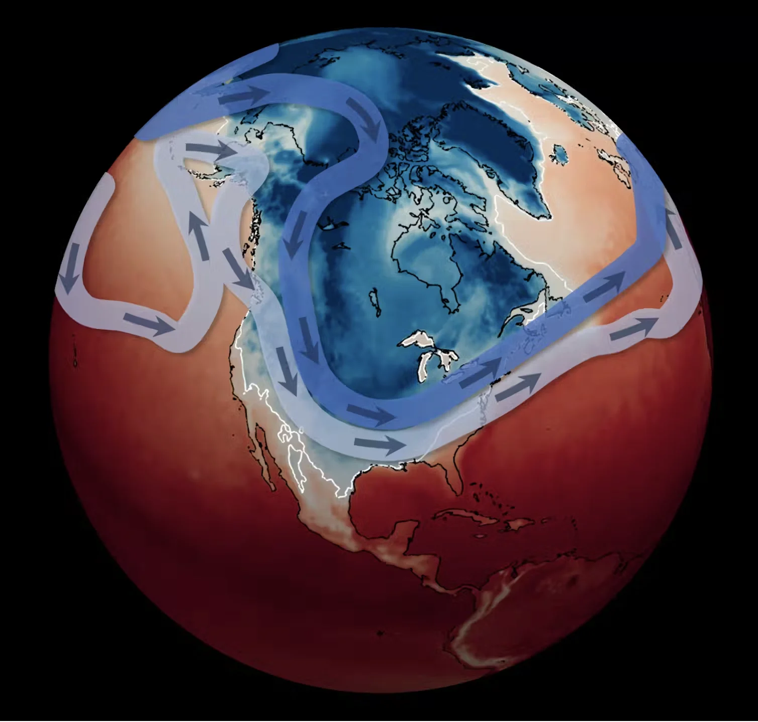 Surface temperatures and the jet stream at 7 a.m. EST on Jan. 16, 2024, with the stratospheric polar vortex also shown as the dark blue line. Mathew Barlow/UMass Lowell, CC BY: http://creativecommons.org/licenses/by/4.0/