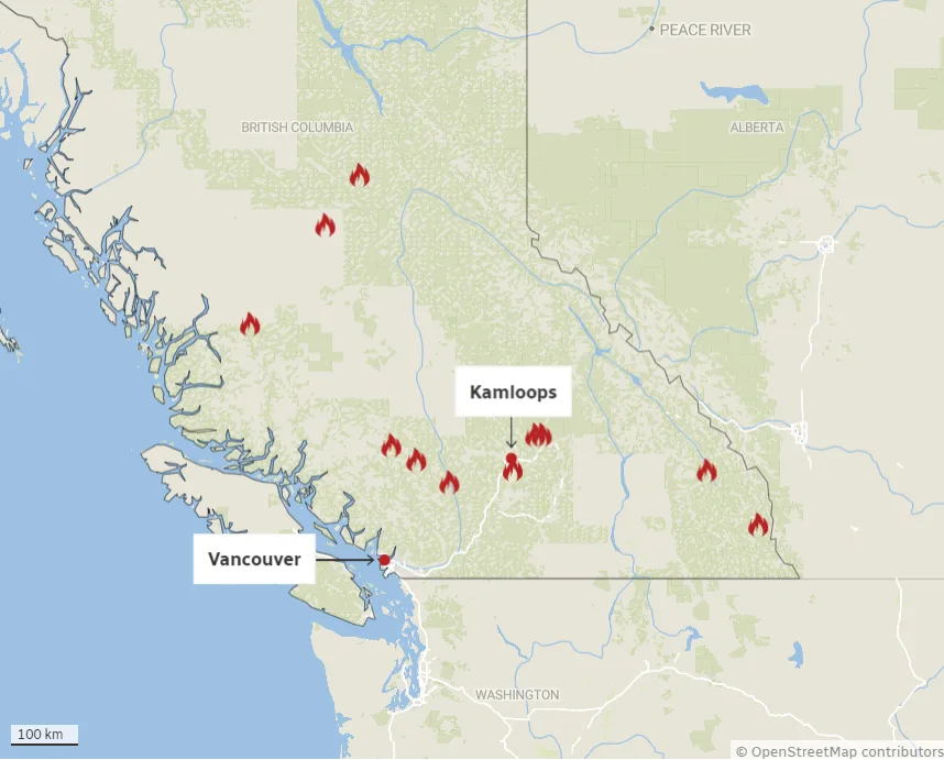 CBC: Fires of note across B.C. on Aug. 12 A fire of note is one that is particularly visible or poses a threat to public safety. Source: B.C. Wildfire Service (Akshay Kulkarni/CBC)