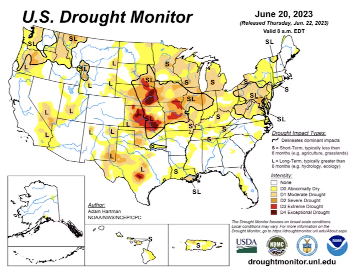 U.S. Drought Monitor via USDA: A developing flash drought in the central U.S. covered 64% of corn territory and 57% of soybean territory in late June 2023. Areas marked S are under short-term drought. U.S. Drought Monitor via USDA