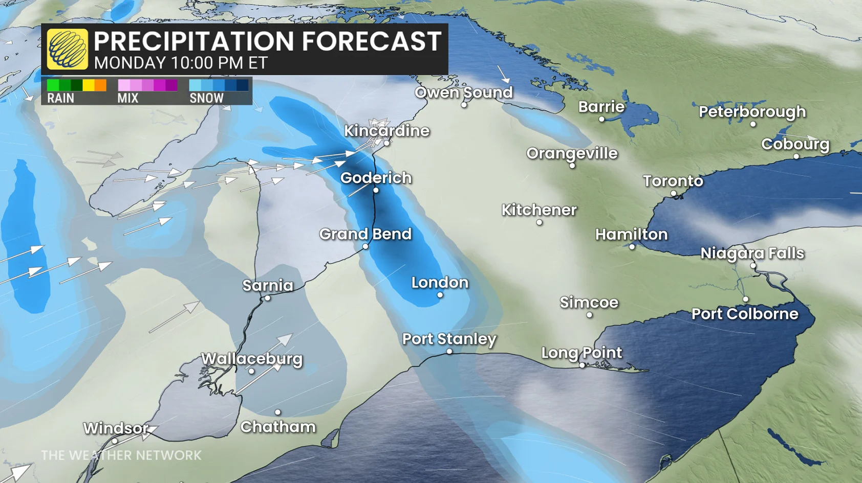 Monday night Ontario precipitation timing