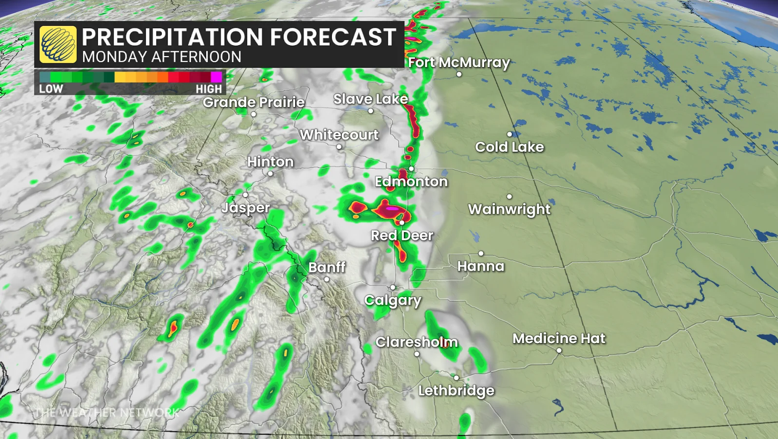 Monday, Alberta, Canada, Precipitation, Forecast, May 25, 2025 (The Weather Network)