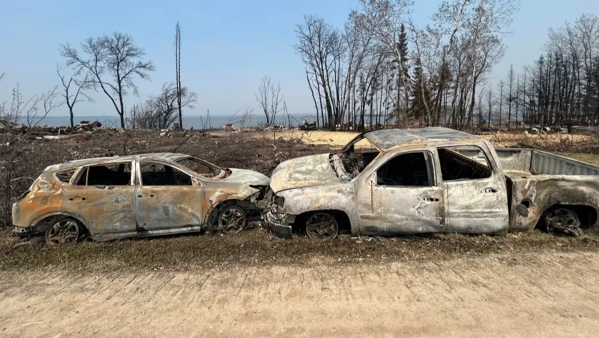 Wendigo Road, Wildfire, Fire, Lac du Bonnet, Manitoba, Cars, Destroyed, Property, May 23, 2025. (Josh Crabb/CBC)