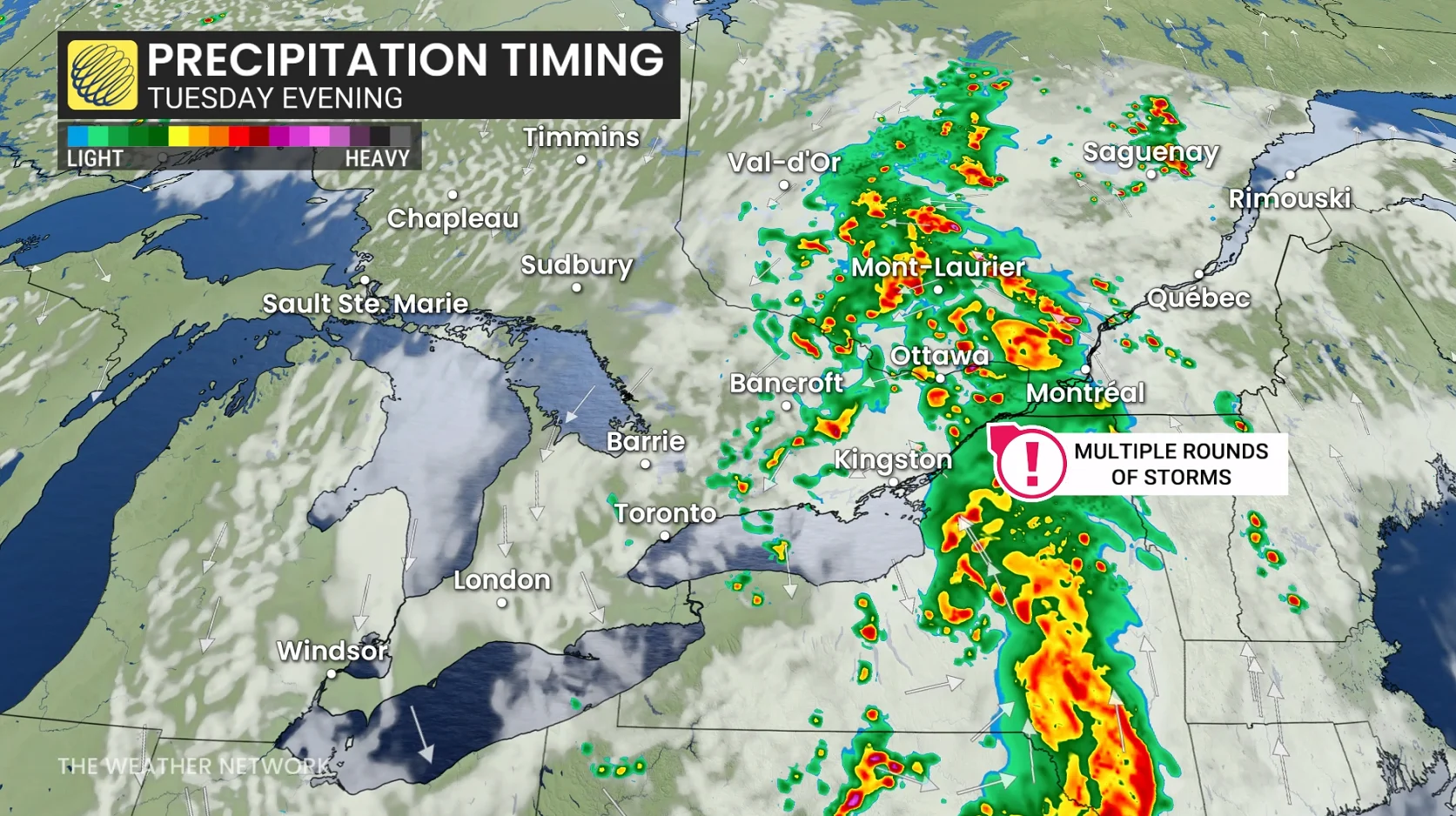 Ontario precipitation timing Tuesday evening