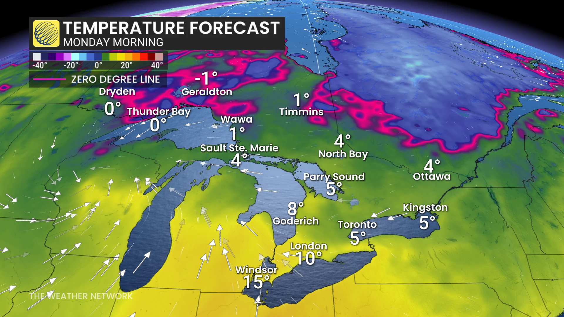 Ontario temperature contrast Monday morning