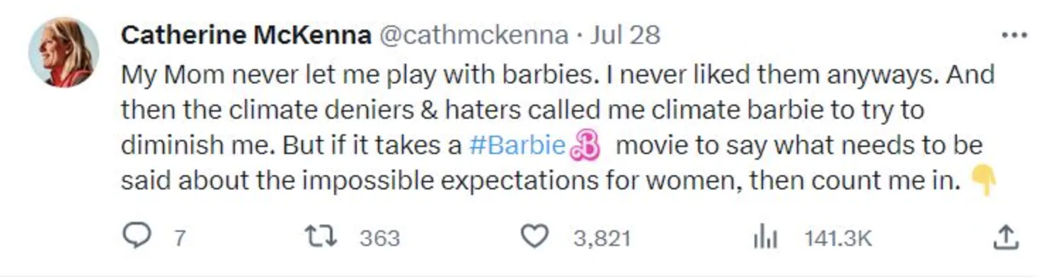 Catherine McKenna Tweet about Barbie