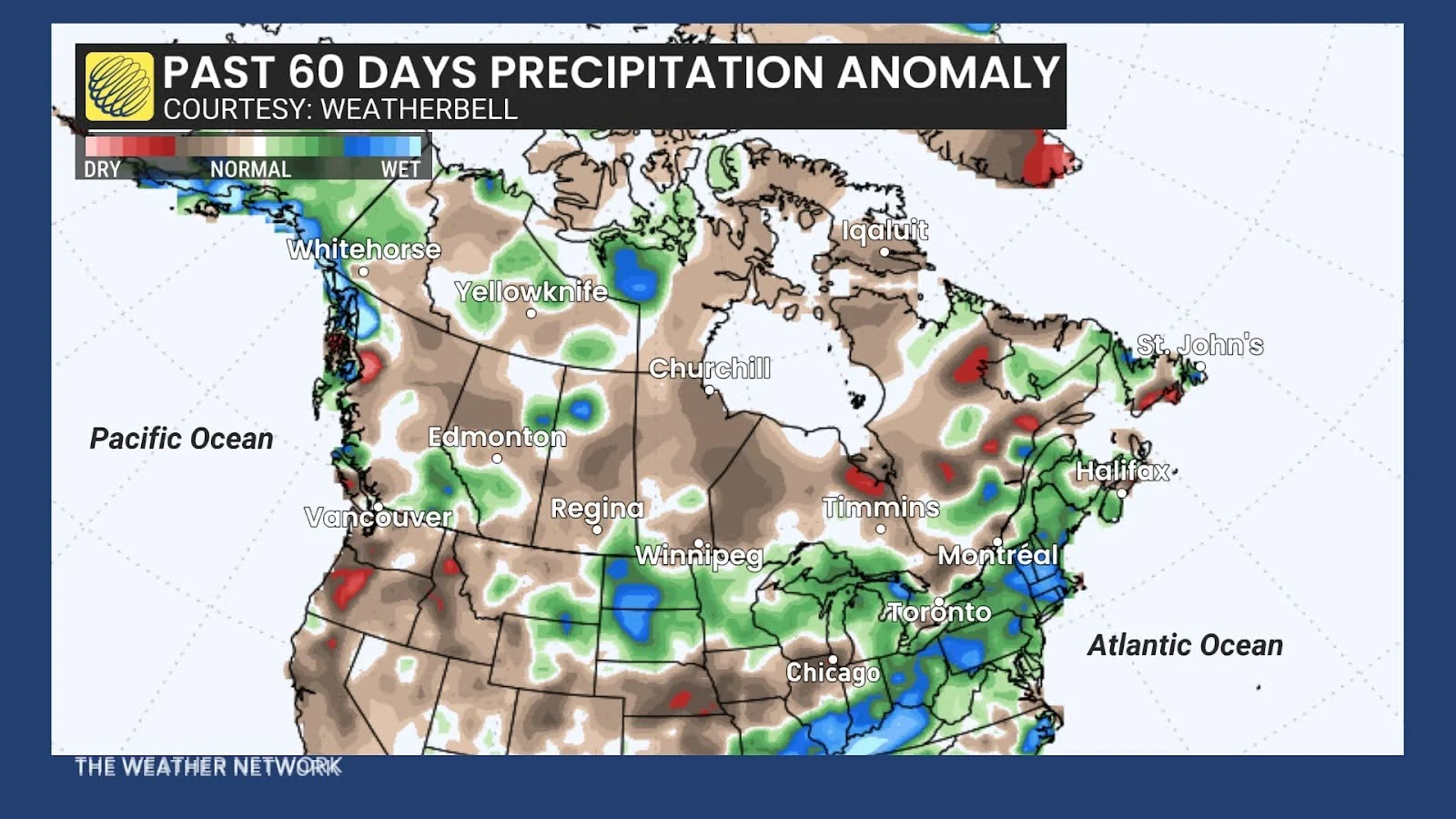 Canada past 60 days precipitation anomalies - May 26, 2025