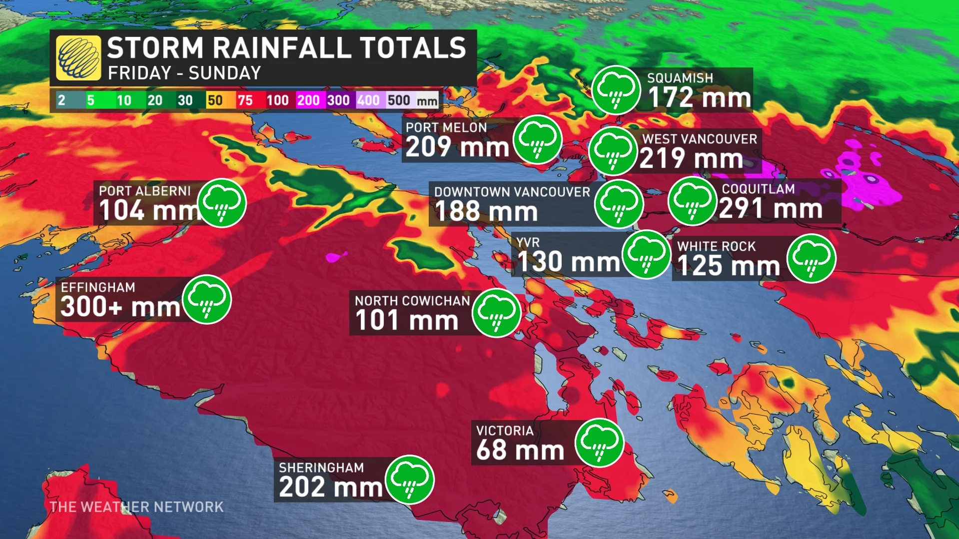 B.C. rainfall totals Friday to Sunday (Oct. 21)