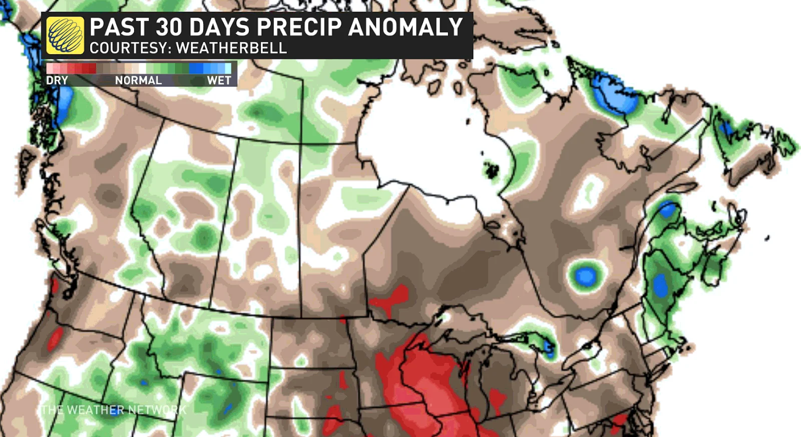 June 20: Past 30 day precipitation outlook (WeatherBell)