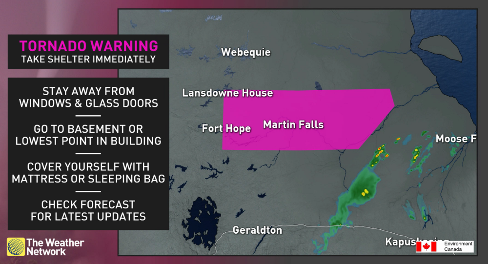 Tornado warning issued as severe storms hit northern Ontario.