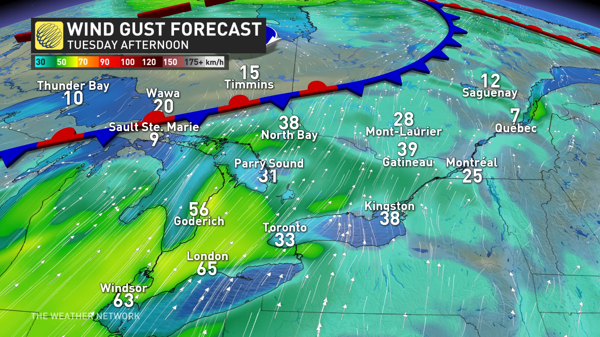 Ontario and Quebec wind Tuesday afternoon