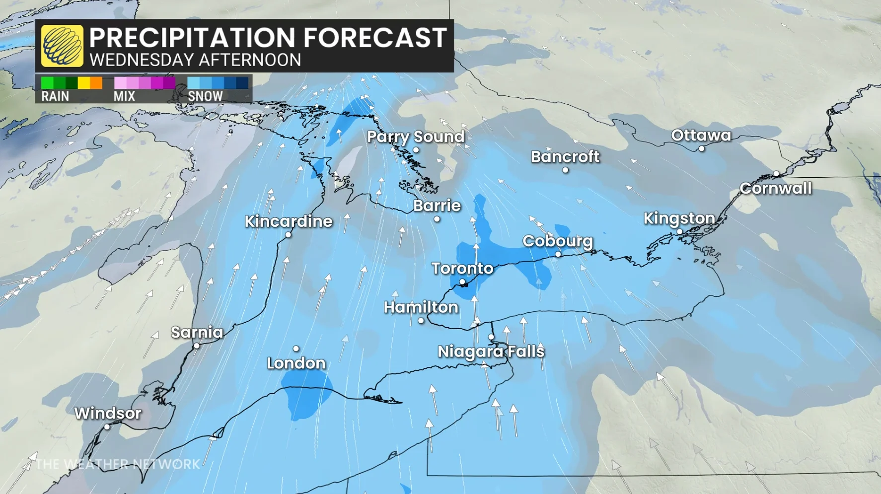 Ontario precipitation timing Wednesday afternoon