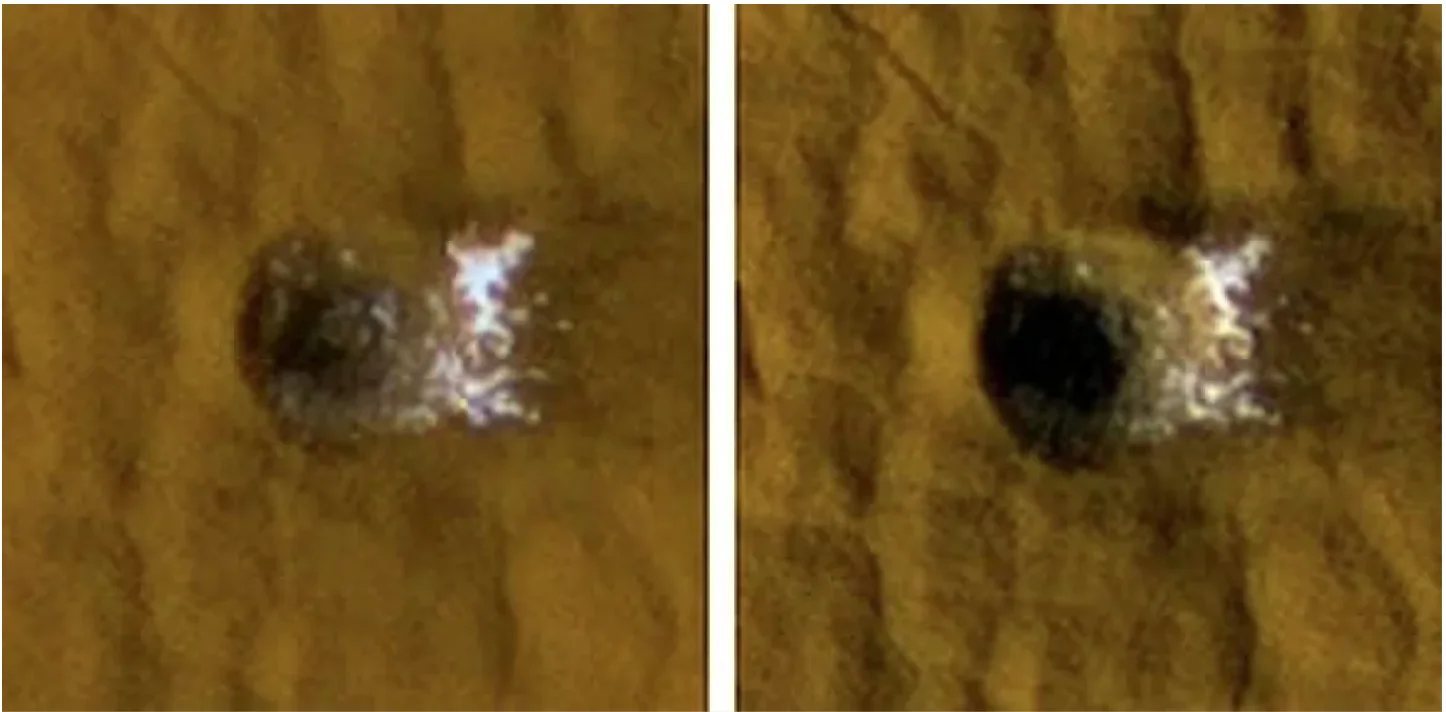 Images of a fresh meteorite crater 12 metres across located within Arcadia Planitia on Mars show how ice faded with time. The images were taken in November 2008, left, and January 2009. (NASA/JPL-Caltech/University of Arizona)