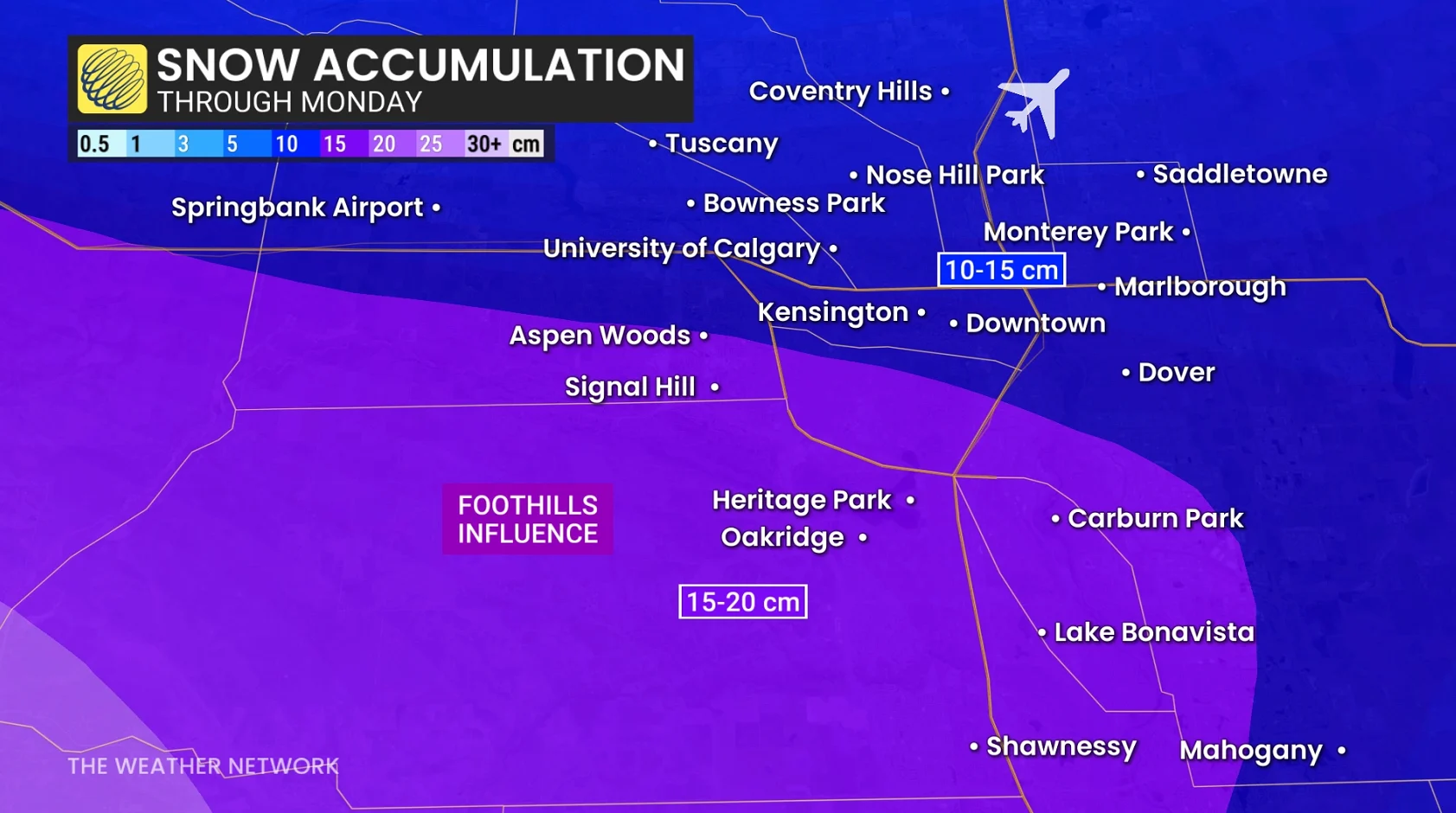 Localized Calgary snowfall totals through Monday