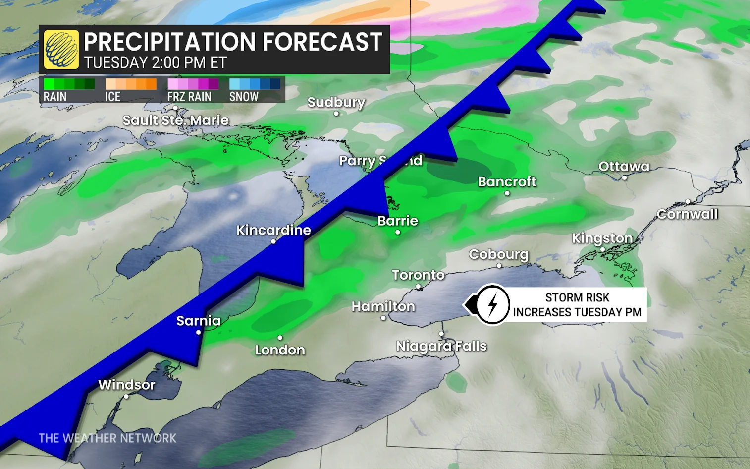 Southern Ontario forecast radar precipitation (unblurred) - April 28, 2025